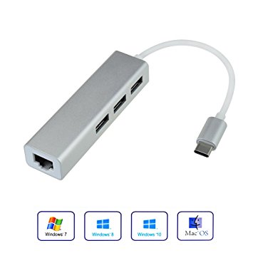 Usb-C To Ethernet Adapter,Prociv Type-C to 3-Port USB 3.0 Hub with 10/100/1000 Gigabit Ethernet Adapter for Macbook USB Type-C Devices(not for Macbook Pro 15 inches, not for 2016 Mac Pro)