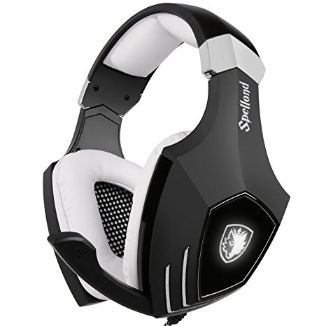 [2016 Newly Updated Gaming Headset] SADES A60/OMG PC Computer USB headsets, Wired Over Ear Stereo Heaphones With Microphone Noise Isolating Volume Control LED Light (Black White)