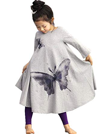Zeagoo Children Clothing Girls Beach Dress Cotton Butterfly Print Long Design T-Shirt Full-Flared Skirt 2-10Y Gray