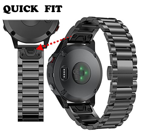 ANCOOL Garmin Fenix 5 Quick Fit Band 22mm Replacement Stainless Steel Metal Band for Garmin Fenix 5 - Black