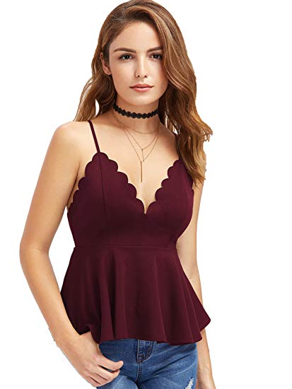 MAKEMECHIC Women's Sexy V Neck Backless Camisole Scalloped Peplum Cami Top