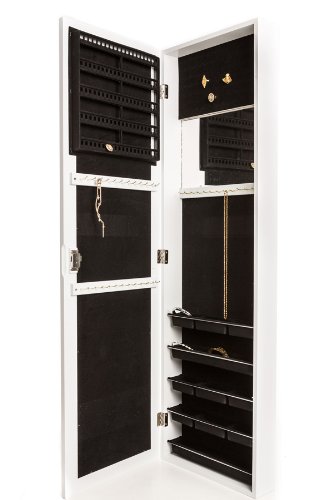 Perfect Life Ideas Jewelry Armoire Wall Mount with Mirror Hanging Over the Door Locking Cabinet with Lock Store Display Organize Earrings Necklaces Bracelet and More - White