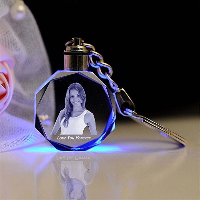Qianruna Personalized Custom LED Laser Engraved Etched Crystal Glass Keychain Key Rings for Gifts (LED Blue-Octagon)