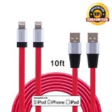 Sunnest TM2Pack 10Ft Premium 8 Pin Lightning to USB Extra Long Flat Sync and Charging Cable Core for iPhone 66plus 6s6s plus5s5c5 iPad Air iPad Mini iPod TouchampiPod Nano Red