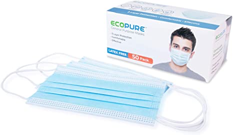 ECO Pure Sanitary Face Masks | Disposable 3-Ply Layer Breathable Comfortable Protective Face Masks, 50-Ct