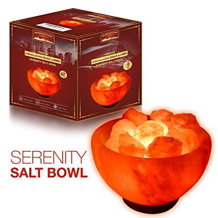 Manhattan Serenity Firebowl Himalayan Salt Lamp. 6ft UL-Certified dimmer switch, 15watt bulb. Carved salt bowl with natural salt chunks on a neem wooden base.