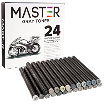 24 Color Master Markers Gray Tones Dual Tip Set - Double-Ended Grayscale Art Markers with Chisel Point and Standard Brush Tip - Soft Grip Barrels - Draw, Sketch, Shade, Illustrate, Render