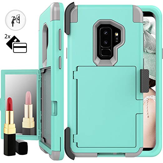 Galaxy S9 Wallet Case,S9 Holster Case,Auker Shockproof Card Holder Design Mirror Wallet Case Heavy Duty Military Grade Armor High Impact Full Body Drop Protection Cover for Samsung Galaxy S9 (Mint)