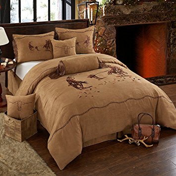 Beautiful Luxury Rustic Embroidery Cowboy Horse Rider With Barbed Wire Border Western Cabin Style Lodge Oversize Micro Suede Comforter Set in Brown Bedding With Decorative Pillows (King)