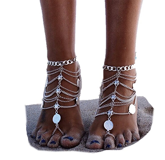 SUNSCSC 1 Pair Boho Vintage Gold Silver Coin Blessing Symbol Tassel Anklets Foot Jewelry