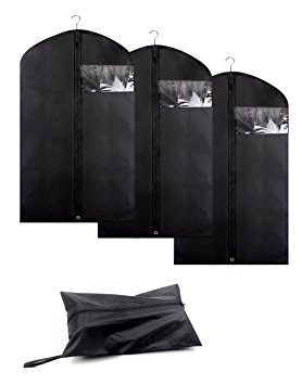 PAG 3 Pack Garment Cover Bags with 1 Shoe Bag for Clothes Storage or Travel, Black