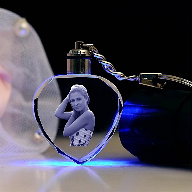 Qianruna Personalized Custom LED Laser Engraved Etched Crystal Glass Keychain Key Rings for Gifts (LED Blue-Heart)