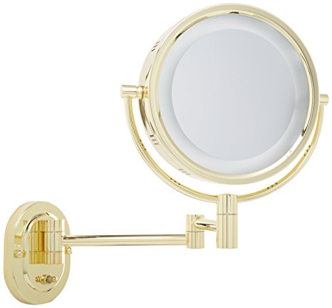 Jerdon HL65G 8-Inch Lighted Wall Mount Makeup Mirror with 5x Magnification, Bright Brass Finish