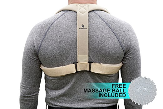 Upper Back and Shoulder Posture Corrector Brace and Clavicle Support with Massage Ball (Large, Beige)