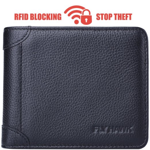 FlyHawk Genuine Leather RFID Blocking Wallets Mens thin Wallet
