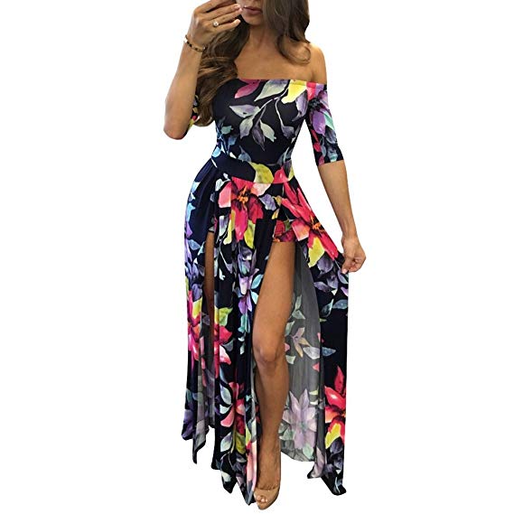 Women Sexy Maxi Romper Dresses - Floral Off Shoulder Short High Slit Jumpsuits Summer Dress