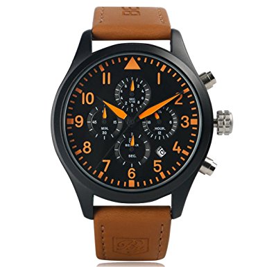 Conbays Men’s Military Sport Watches Outdoor Chronograph Stopwatch with Brown Leather Band Gift