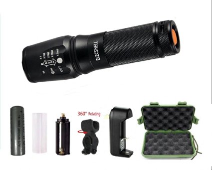 ELECSHELL Super Bright 1200LM CREE XML T6 LED Tactical Flashlight kit with Adjustable Focus and 5 Light Modes,Rechargeable Battery, 360 Degree Rotating Bicycle Holder and Charger Included, Water Resistant Outdoor Torch