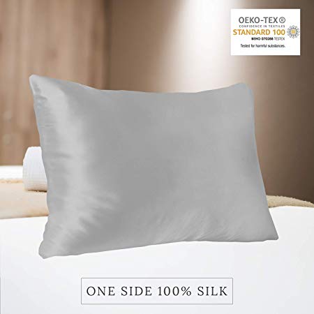 MYK 100% Pure Natural Mulberry Silk Pillowcase, 22 Momme Hair Skin Care, OKEO-TEX Certified, Hypoallergenic (King One Side, French Grey)