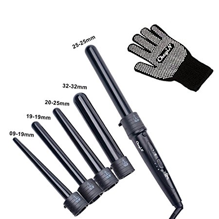 CkeyiN® 5 in 1 Ceramic Curling Iron Wand Set with 5 Interchangeable Barrels Temperature Control   [1x Heat Resistant Glove] - Fast Heating Up and Well Curling Lasting for All Day and Night(Black)