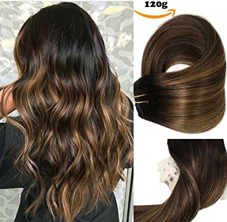 Clip In Human Hair Extensions Thicken Double Weft 7A Brazilian Hair 120g 7pcs Natural Black to Chestnut Brown Highlight Black Full Head Silky Straight 100% Human Hair Clip In Extensions 16 Inch