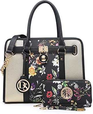Women Handbags Purses Two Tone Satchel Bags Top Handle Shoulder Bags Work Tote with Matching Wallet