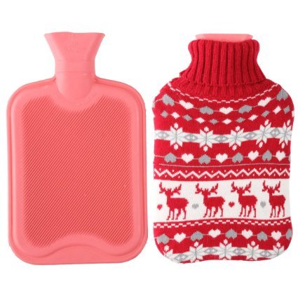2 Liter Premium Classic Rubber Hot Water Bottle with Cute Knit Cover (2 Liter, Red / Christmas Reindeer)