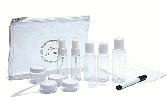 iZer Travel Bottle Set - Includes Waterproof Labels & Permanent Marker. TSA Approved. 9 Leakproof Containers for Liquids   Zipper Bag
