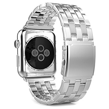 MoKo Apple Watch Series 3 Band, Stainless Steel Metal Replacement Strap Bracelet with Double Button Folding Clasp for iWatch 42mm 2017 Series 3 / 2 / 1, SILVER (Not Fit iWatch 38mm)