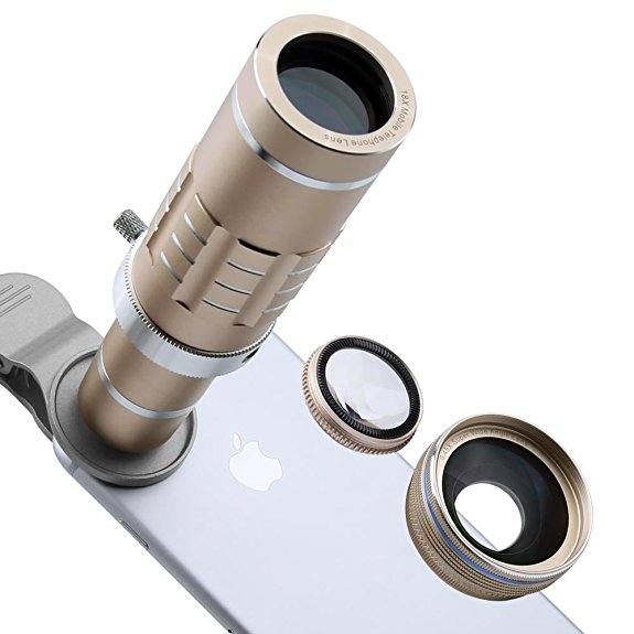 phone Lens 18X Telephoto Lens Super Wide Angle Lens Macro Lens with Mini Flexible Tripod and Universal Clip for Most Smart phone 3 in 1 Camera Kit (Gold)