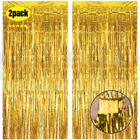 HDLJD Shiny Gold Metallic Foil Fringe Door & Window Curtain Party Decoration 3.3' X 6.6' （Value Pack of 2）