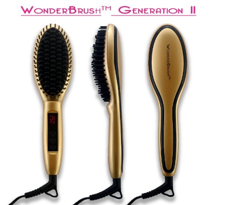 Hair Straightener Brush Generation 2 by WonderBrush Electric Ceramic LCD Hair Straightening Iron Instant Silky Straight Styling Anion Hair Care Zero Damage Detangling Comb