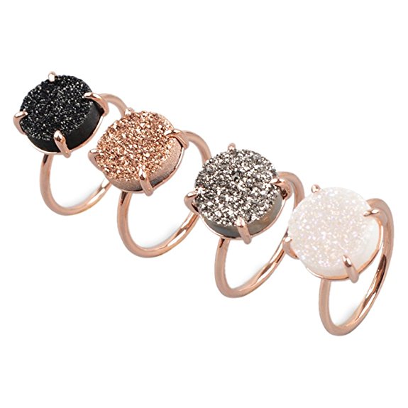 ZENGORI 1 Pcs 12mm Rose Gold Plated Natural Druzy Ring for Best Promise Anniversary Wedding