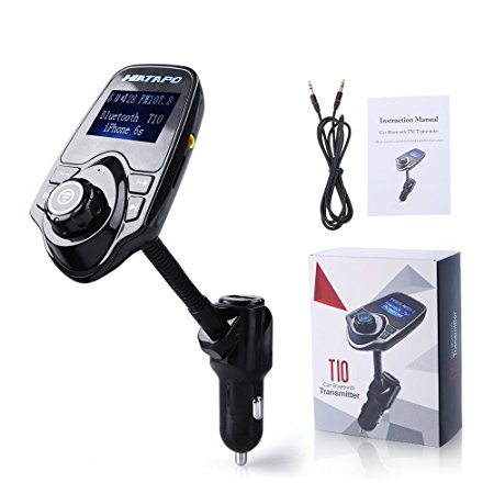 Bluetooth FM Transmitter, Hiatapo In-Car Wireless Radio Adapter Car Kit with TF/Micro SD Card Slot and USB Car Charger, 1.44 Inch Display, Hands Free Calling