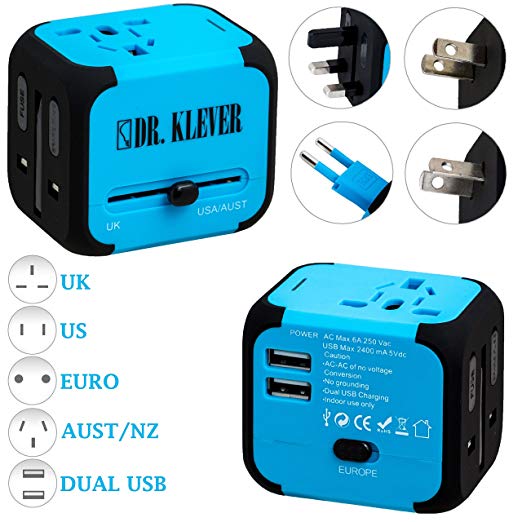 Worldwide Travel Adaptor - Adapter Works in 170 Countries! 2 x USB Ports, 4 x Power Socket Types, and 4 Wall Plug Types. Comes with Built-in Spare Fuse and Free Travel Bag. Perfect for International Travel (Blue)