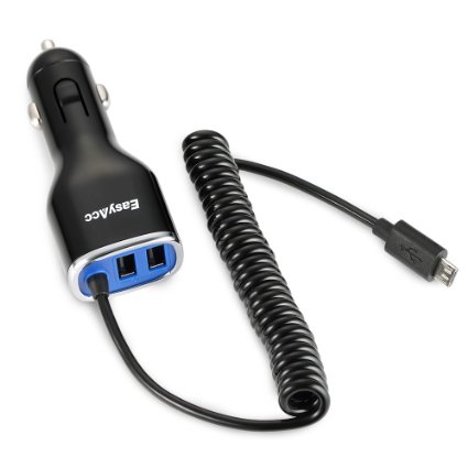 EasyAcc 25W 5A 2-Port with Coiled Micro USB Cable Car Charger for Samsung Apple Android Smartphones Tablets-Black