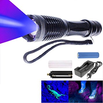 UV Portable Zoomable Torch HappyCell UV Tactical Handheld Black Light Flashlight Blacklight Ultraviolet LED Pet Urine Detector Bed Bug Finder Dog Stain Remover Rechargeable 18650 Battery and Charger