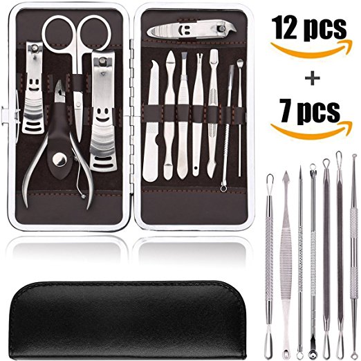 KINGMAS 19-Piece Stainless Steel Manicure Pedicure Set Nail Clippers and Blackhead Remover Pimple Acne Removal Tool Grooming Kit with Leather Travel Case (12 7)