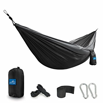 Garden Hammock 2 Person by Ace Teah Double Hammock Outdoor Tree Relaxing with 2 Hammock Straps Carabineers, Portable Stuff Bag Easy to Setup for Backyard,Travel, Beach, Van Relaxing (Black & Grey)