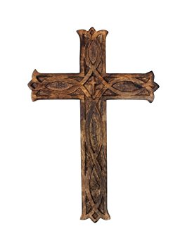 Wooden Wall Cross Plaque 12" Long Hanging with Hand Carvings Religious Altar Home Living Room Decor
