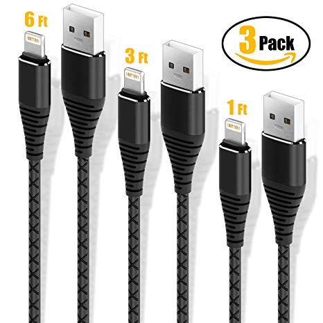 3Pack [1Ft 3Ft 6Ft ] Charging Cord Cabepow for Charger Cable/Data Sync Fast USB Charging Cable Cord Compatible for X/8/Plus/7/Plus/6/6S Plus/5S/5, Mini/Air (Black)