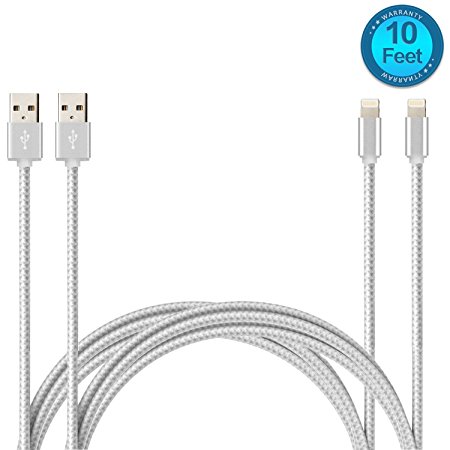 Lampa 2 Pack 10FT Nylon Braided Lightning Cable Extra Long USB Charging Cord with Aluminum Connector for iPhone iPad and iPod（2 Pack）