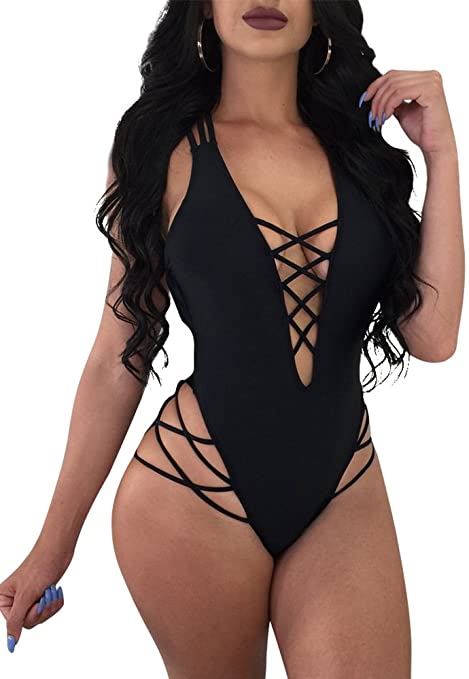 LAGSHIAN Womens Sexy One Piece Lace Up Straps Swimsuit Bathing Suit Swimwear
