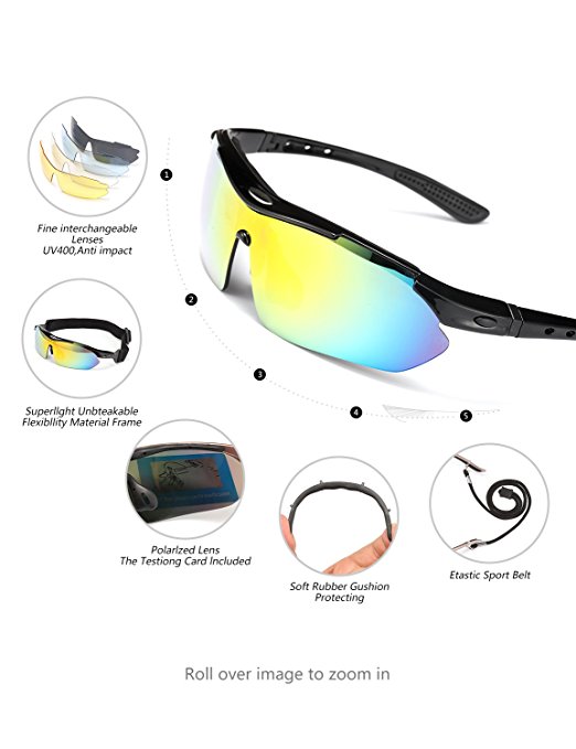 ODODOS Polarized Sports Sunglasses With 5 Interchangeable Lenes for Cycling Baseball Running Fishing Unbreakable Frame