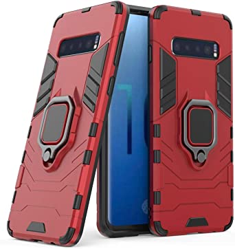Compatible with Galaxy S10 Case, Metal Ring Grip Kickstand Shockproof Hard Bumper Shell (Works with Magnetic Car Mount) Dual Layer Rugged Cover for Samsung Galaxy S10 (Red)