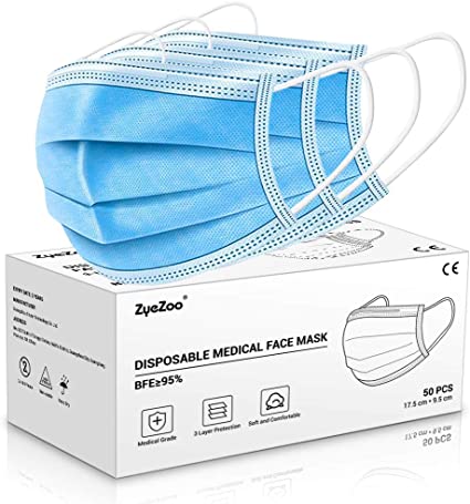 ZyeZoo Medical Face Mask 50PCS, Disposable 3 ply Filter Breathable Safety Mask with Elastic Earloop, for Family and Personal Health