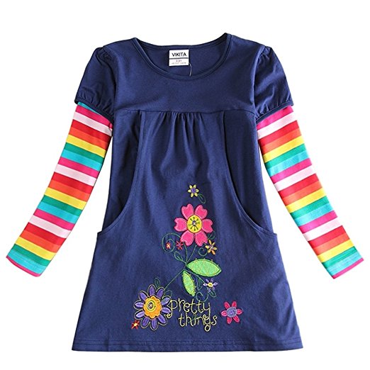VIKITA toddler flower girl dress cotton long sleeve navy baby girls winter dresses For 2-8 Years