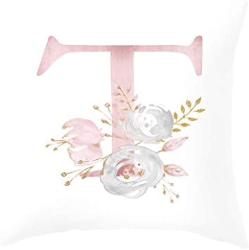 Zengmei Letter T Throw Pillow Covers, 18x18 inches, Soft Peach Skin Velvet Polyester, English Initial Letters Pillowcases, White Floral Decorative Cushion Cover (Insert Not Included)(T)