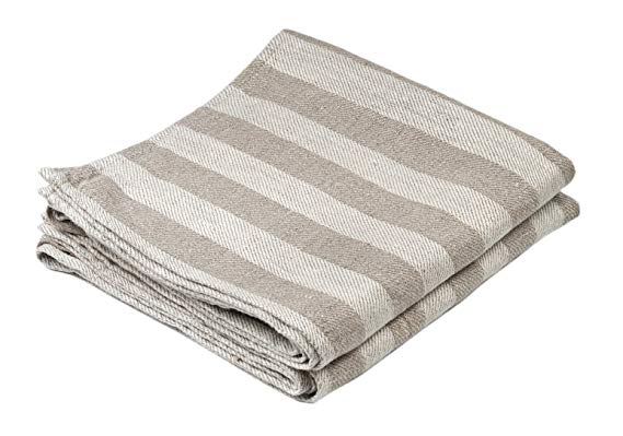 BLESS LINEN Jacquard Striped Pure Linen Hand Kitchen Towel, 16 x 30 Inches, Set of 2, Grey/White