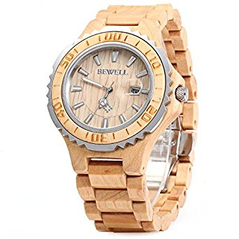 GBlife BEWELL ZS-100BG Mens Wooden Watch Analog Quartz Movement with Date Display Retro Style